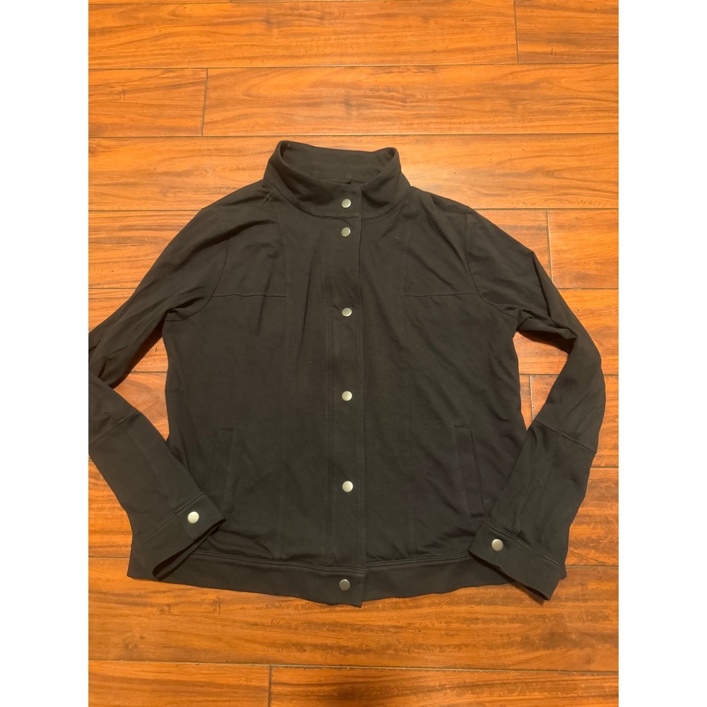 Eileen Fisher Black Organic Cotton Snap Front Mock Neck Jacket Large
